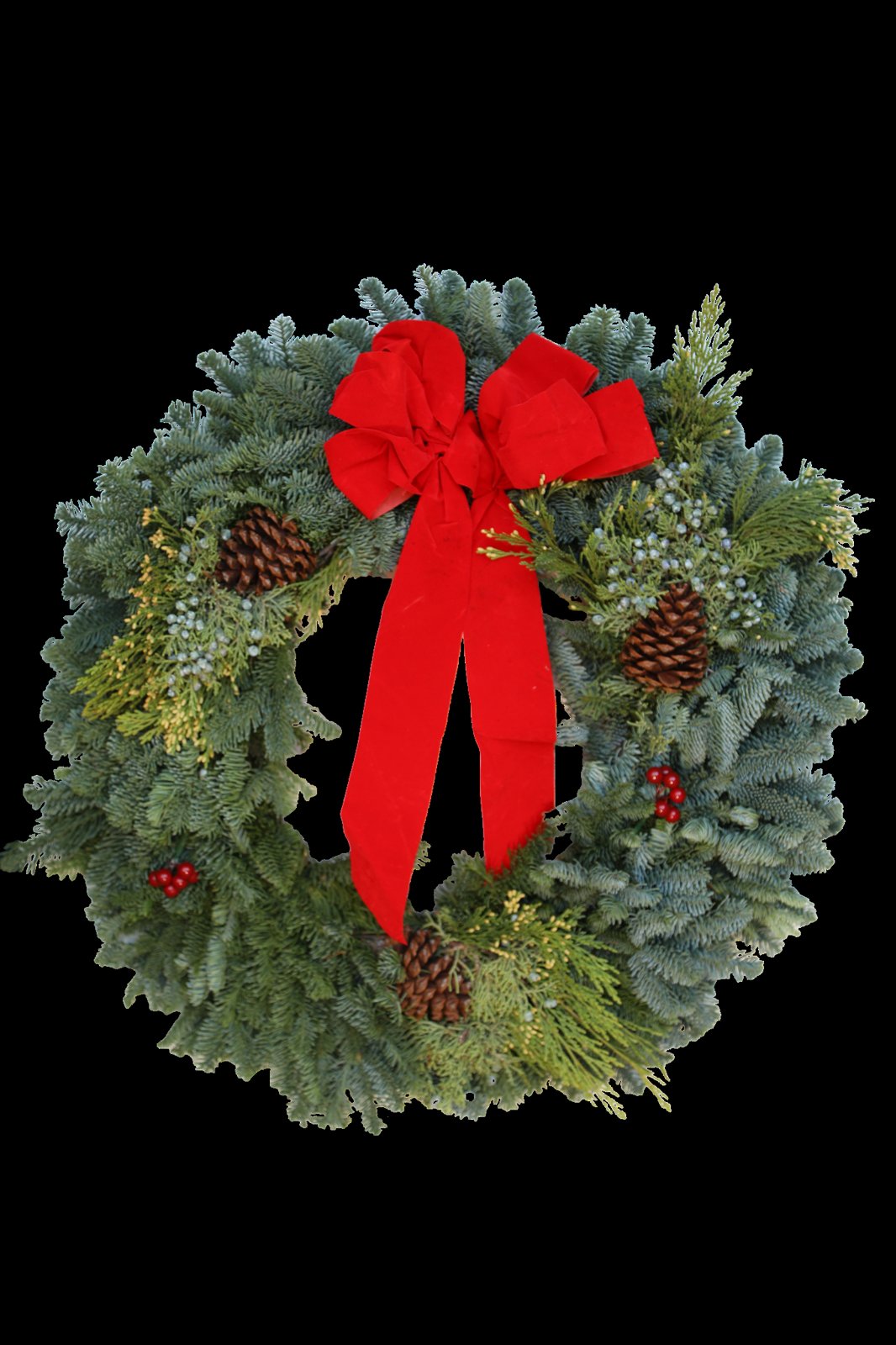 Mixed Greens Wreath with Berries, Bow and Cones